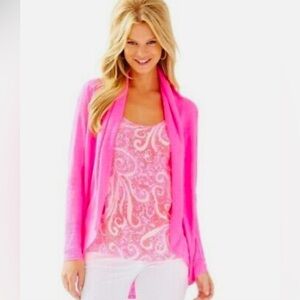 Lilly Pulitzer 100% Linen Holden Cardigan in
Kir Royal Pink Neon Drape Collar